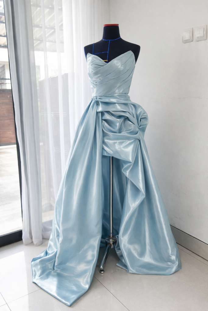 Blue draped couture gown on a mannequin, representing intricate dressmaking and premium craftsmanship services.