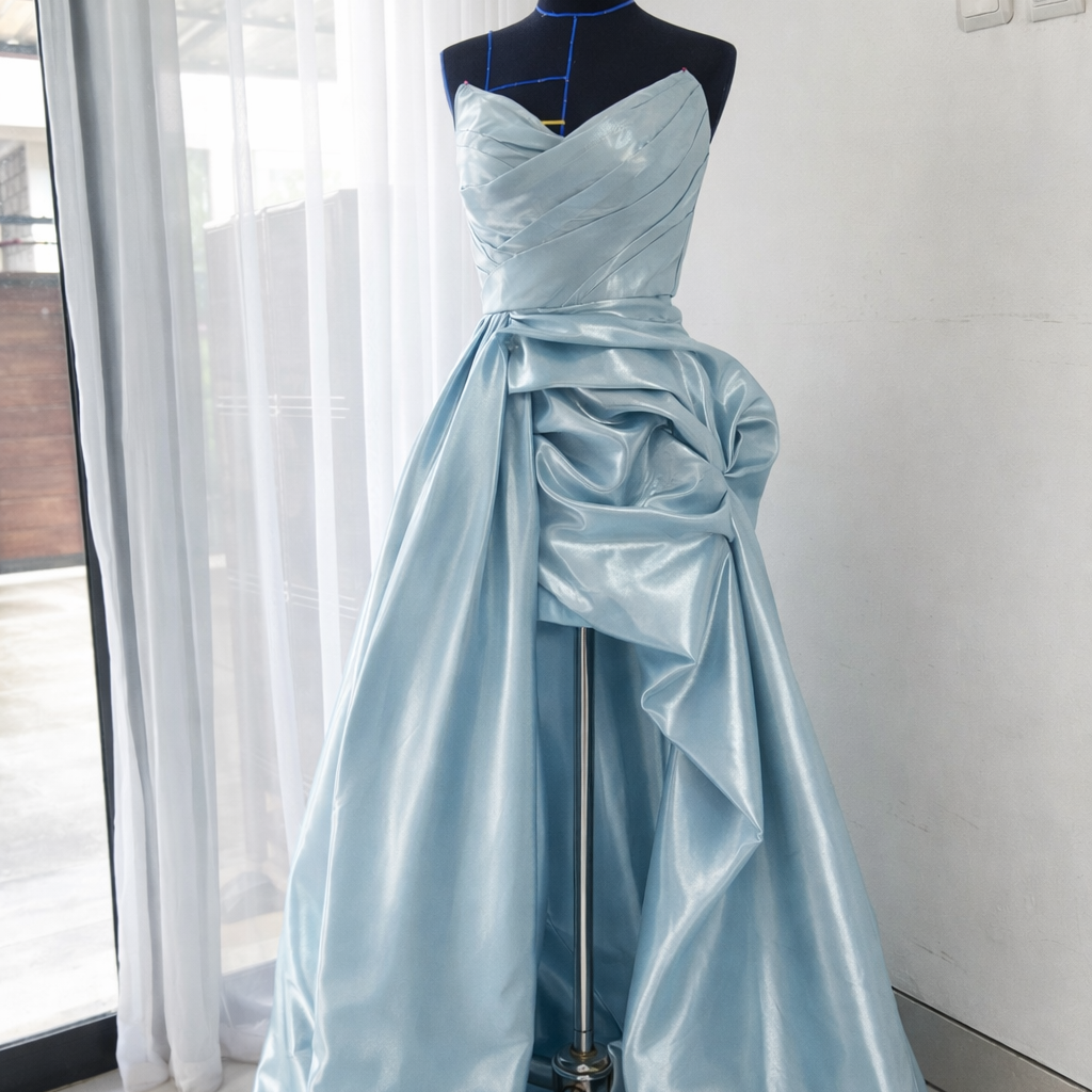 Blue draped couture gown on a mannequin, representing intricate dressmaking and premium craftsmanship services.