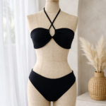 Custom black bikini on a mannequin, showcasing premium swimwear and activewear manufacturing by MARI Stitch and Garment in Bali.