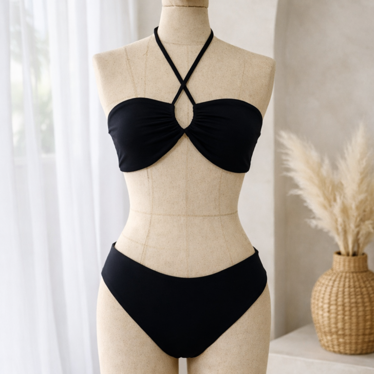 Custom black bikini on a mannequin, showcasing premium swimwear and activewear manufacturing by MARI Stitch and Garment in Bali.
