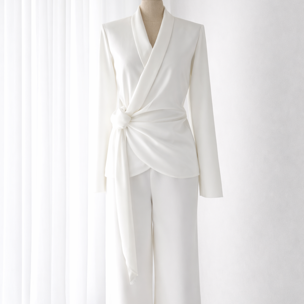 Elegant white tailored women's suit on a mannequin, highlighting clean finishing and precise pattern making for ready-to-wear apparel.