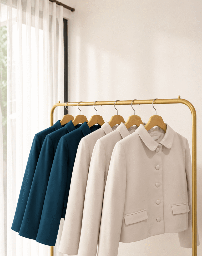 A clothing rack displaying finished teal and beige cropped jackets, highlighting the bulk production quality control at MARI Garment Bali.