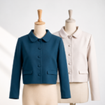 Portfolio of MARI Stitch & Garment. Custom tailored teal and beige cropped jackets with rounded collars, manufactured by MARI Stitch & Garment clothing production in Bali.