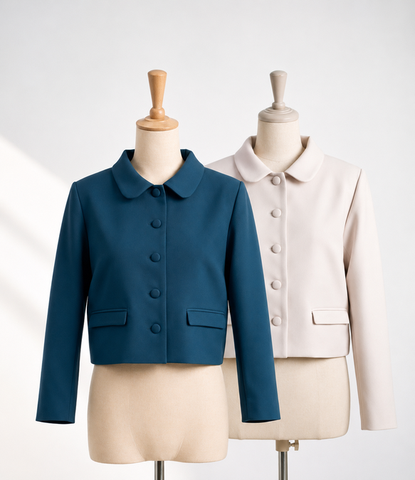 Portfolio of MARI Stitch & Garment. Custom tailored teal and beige cropped jackets with rounded collars, manufactured by MARI Stitch & Garment clothing production in Bali.