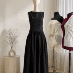 Elegant sleeveless black maxi dress displayed on a mannequin, showcasing premium garment manufacturing by MARI Stitch Bali.
