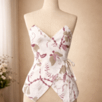 Elegant white wrap top with maroon botanical prints, manufactured with high-quality stitching by MARI Stitch garment factory in Bali.