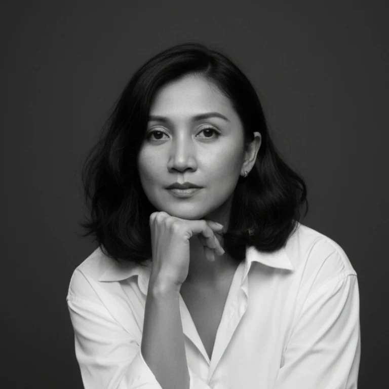 Contact. Black and white professional portrait of the founder of MARI Stitch, a leading premium garment and clothing manufacturer in Bali.