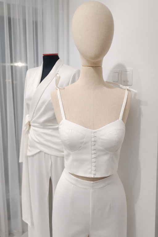 Elegant white two-piece set featuring a buttoned bustier top and trousers, showcasing expert tailoring by MARI Stitch garment factory in Bali.
